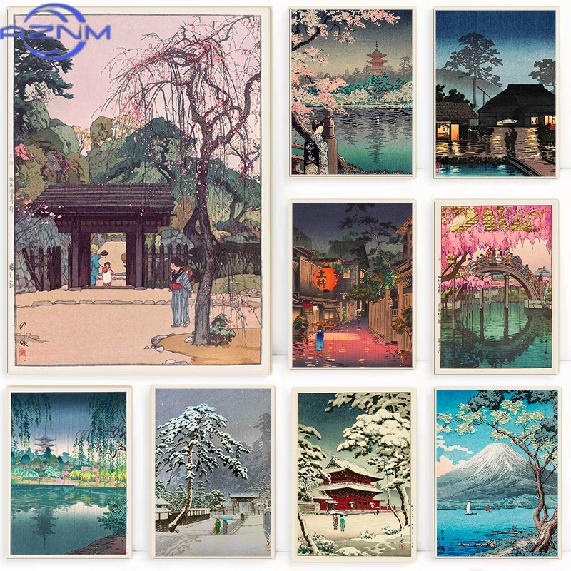 Japanese Traditional Lifestyle - AZNM ย้อนยุค อุกิโยะเอะโปสเตอร์ญี่ปุ่นแบบดั้งเดิมโตเกียวภาพประกอบญี่ปุ่นภูมิทัศน์ภาพวาดผ้าใบศิลปะบนกำแพงสำหรับห้องนั่งเล่นบ้าน