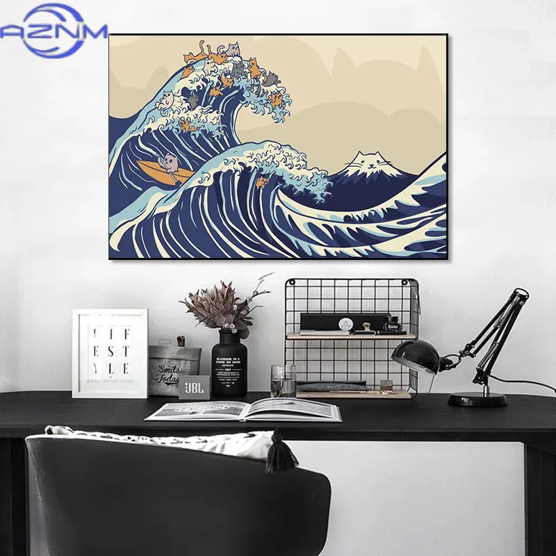 AZNM ภาพวาดบนผืนผ้าใบ ลายคลื่น - Japanese Traditional Lifestyle บทวิจารณ์และราคา